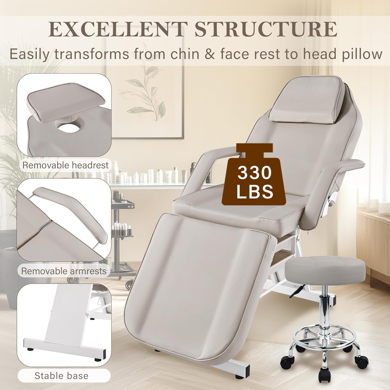 Facial Tattoo Chair, Esthetician Lash Bed Multi-use Tattoo Massage Table for Artist with Hydraulic Stool, 3-Section Beauty Barber Spa Equipment w/Removable Armrests & Headrest, Gray