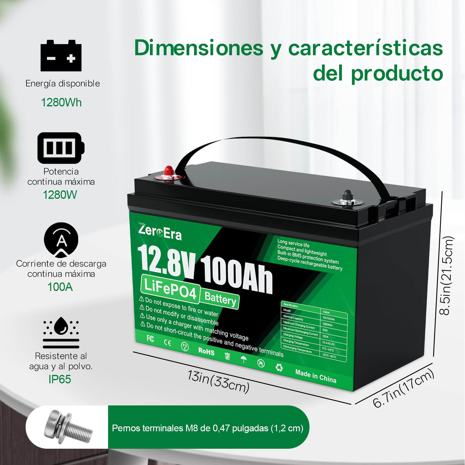 Batería LiFePO4 12V 100Ah,Batería de Litio de 1280Wh con Protección de Baja Temperatura de 100A BMS,Ciclo Profundo 10000-15000,Admite Conmutación en Serie/Paralelo(1 * 12V 100AH)