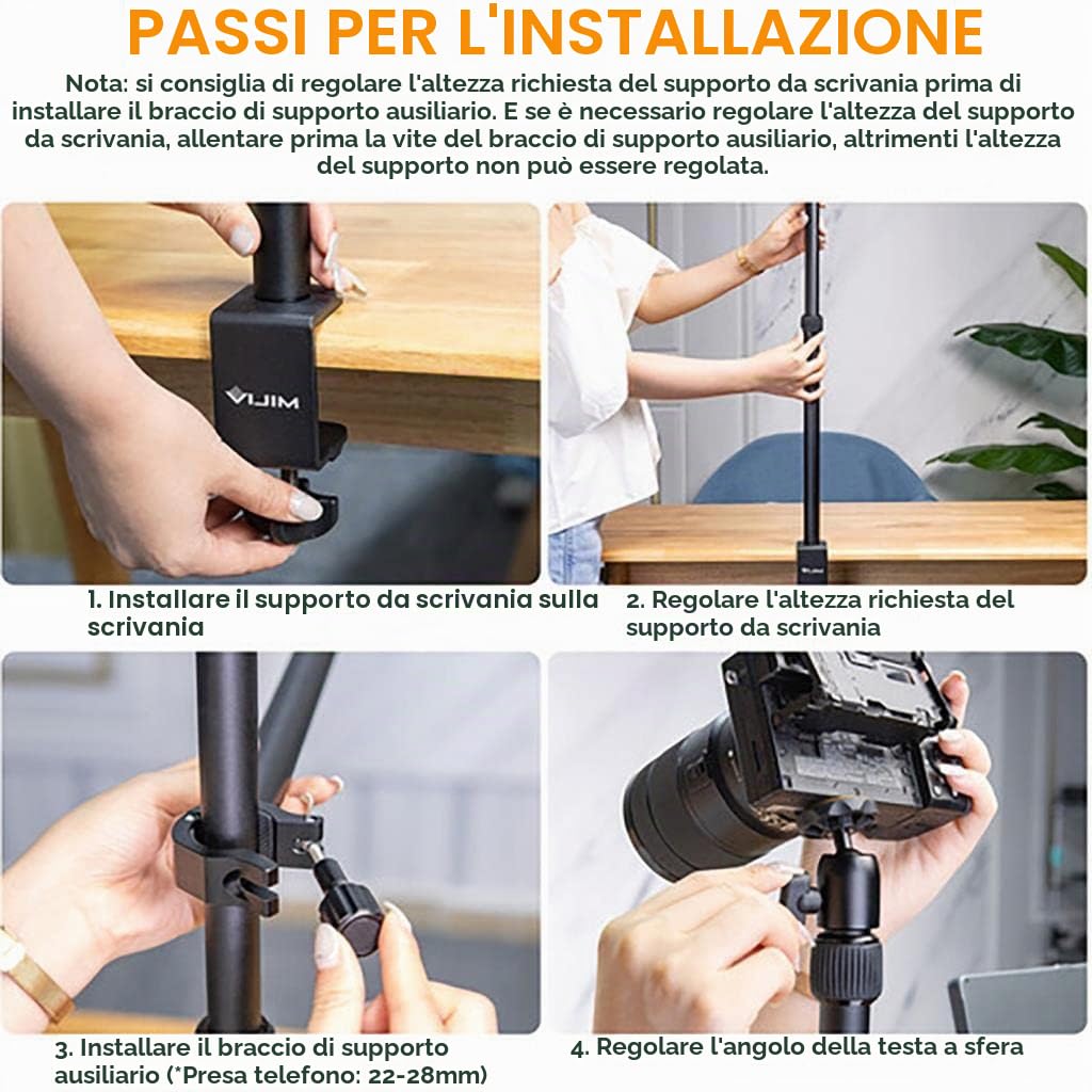 VIJIM Treppiede regolabile LS02 con supporto - con morsetto da tavolo - per foto e video dall'alto