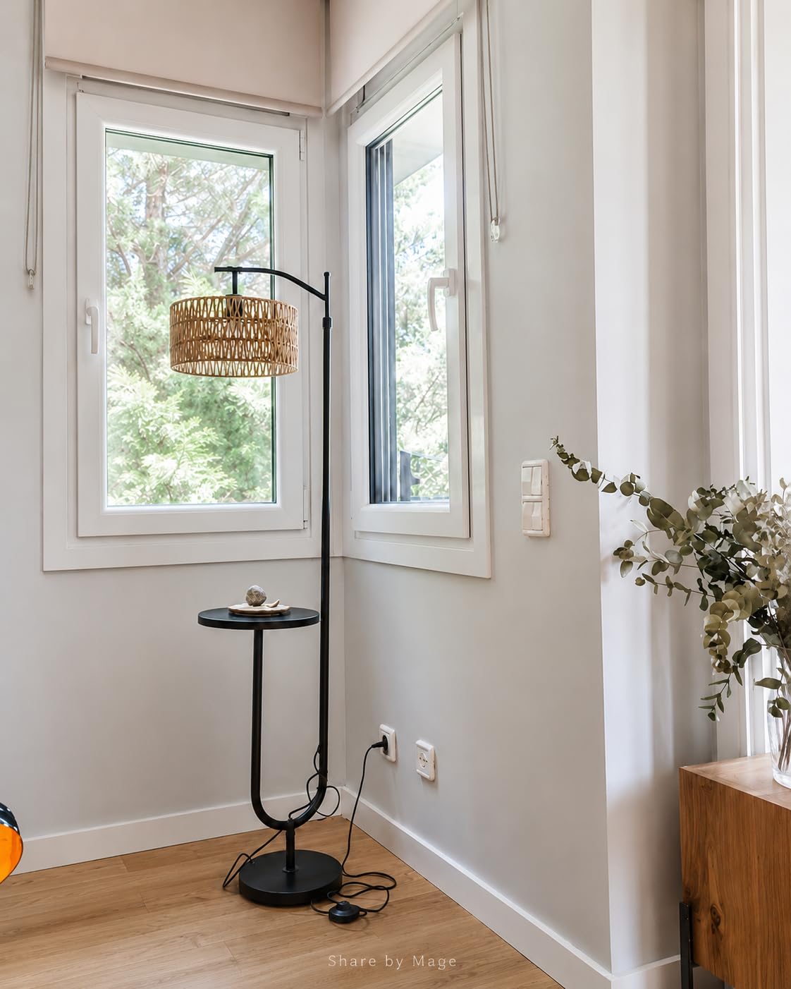 Lampadaire Vintage avec Étagères Noir Métal Rotin Boho Hauteur réglable 152-176cm Douille E27 Câble 2m