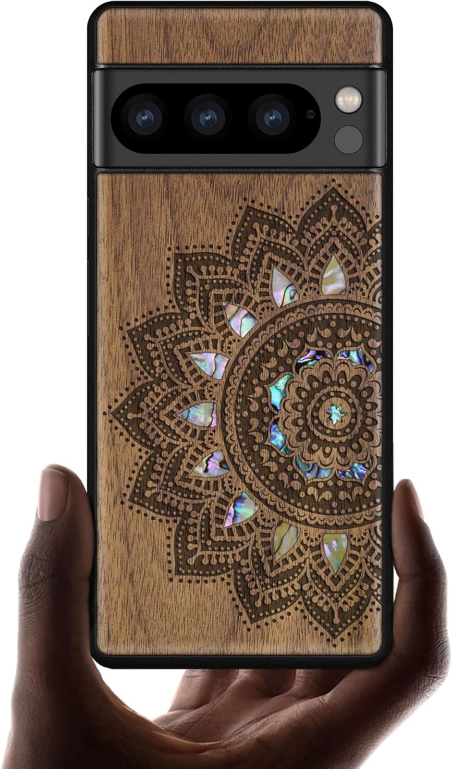 Carveit Designer Wooden Case for Google Pixel 8 Pro Case Cover [Wood Engraving & Shell Inlay] Compatible with Wireless Chargers Pixel 8 Pro (Mandala Pattern-Rosy)