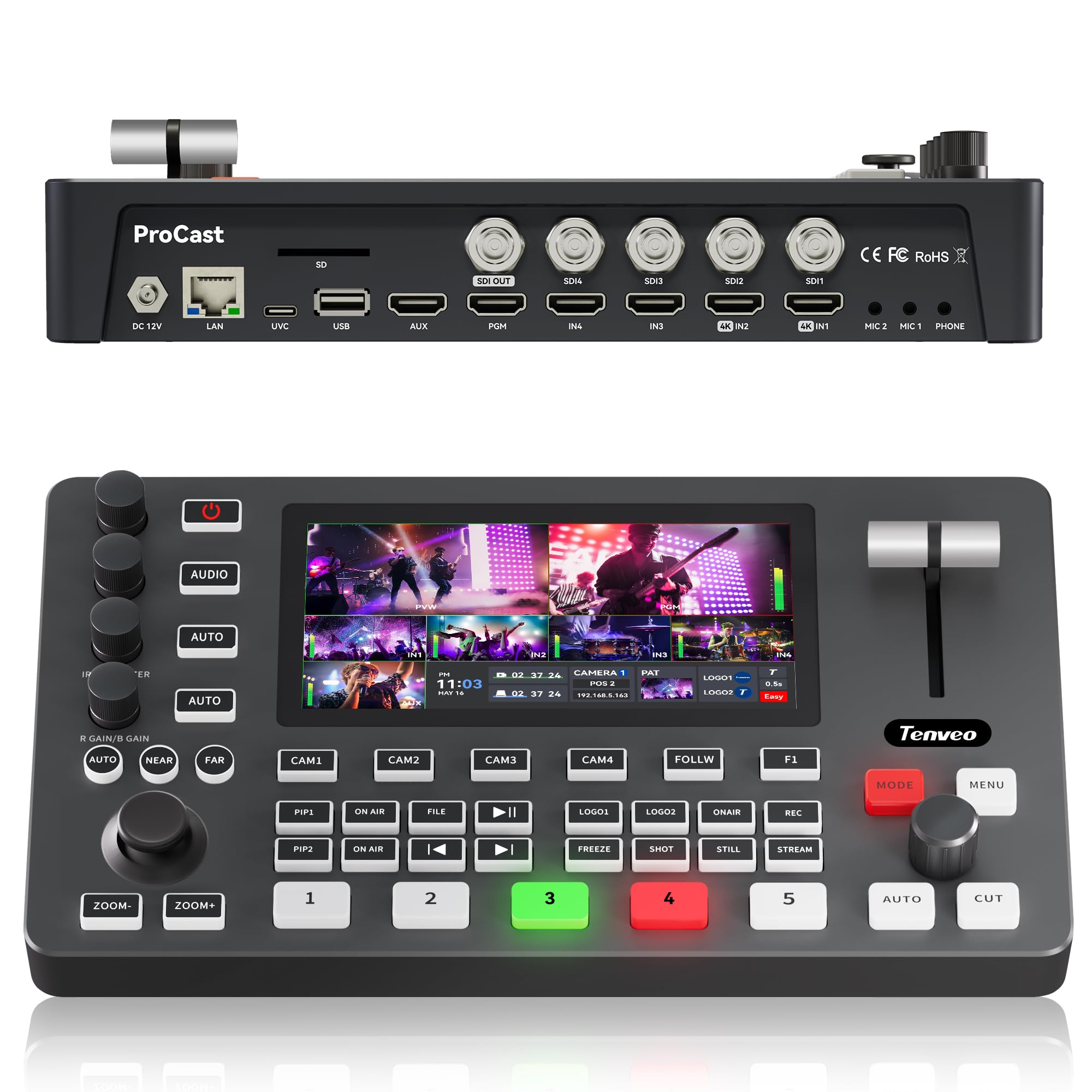 Tenveo Video Mixer Switcher, 4K 60FPS Live-Streaming-Videomischer, 5,5-Zoll-FHD-Bildschirm, 4X SDI und 4X HDMI Eingänge, 1080P 60FPS Ausgang, USB-Aufnahme, PTZ-Kamera- und Controller-Unterstützung