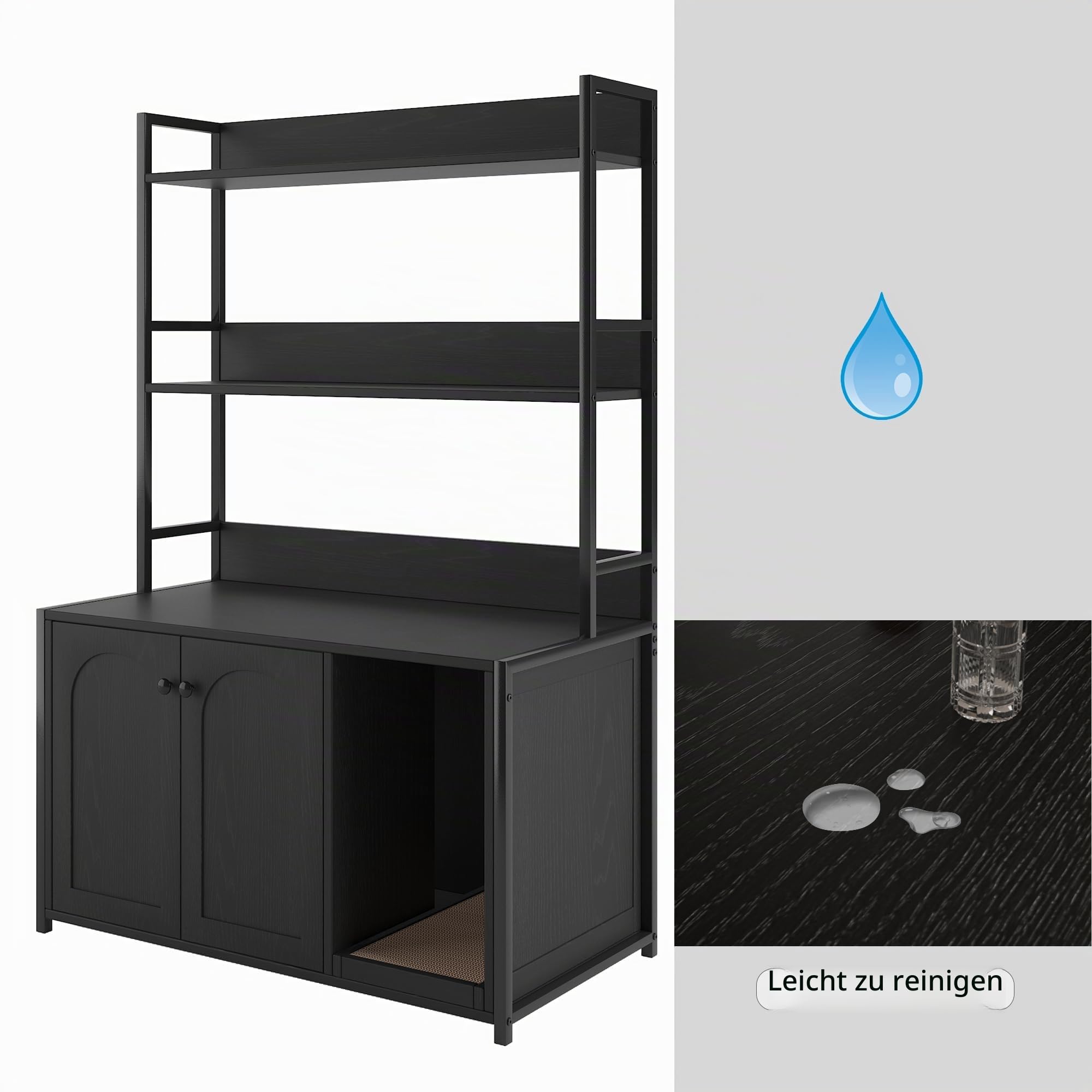 3-in-1 Katzenschrank mit Bücherregal, Katzenklo Versteckt mit Tür, Kratzbaum, 3 Ebenen, 89x45x132 cm, Modernes Katzenhaus Indoor für 2 Katzen - B