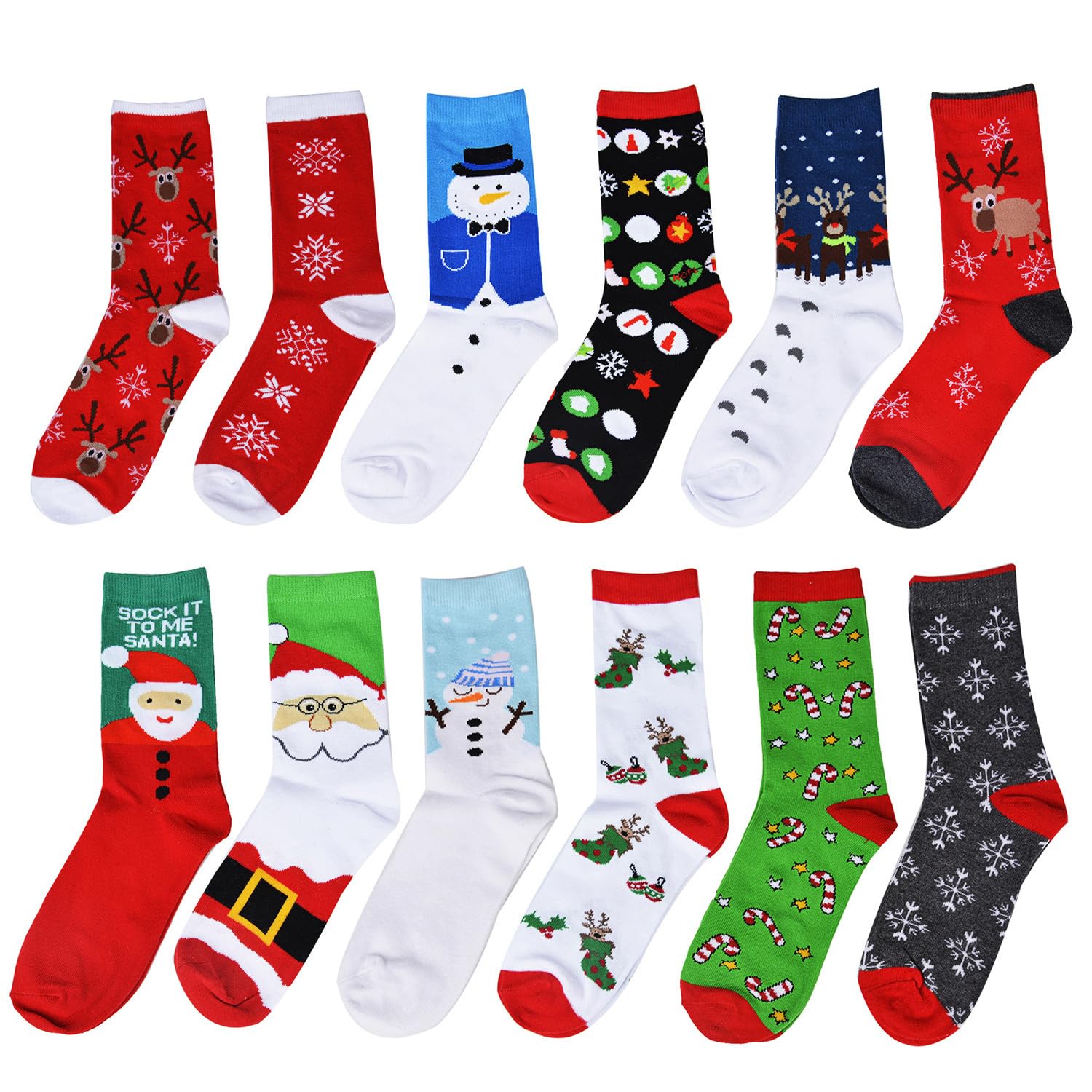 Lot de 12 paires de chaussettes de Noël en coton pour femme avec motifs cerf, Père Noël, flocon de neige et bonhomme de neige