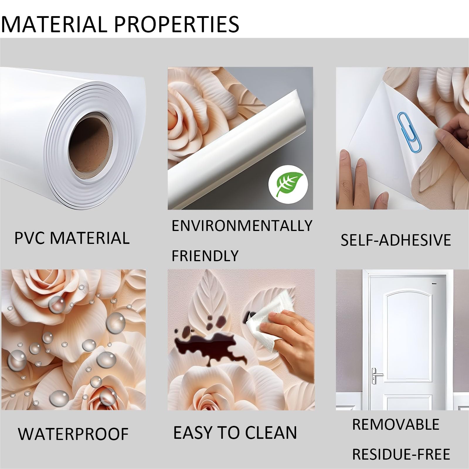Flores Pegatinas para Puerta, Plantas 3D en relieve de Rosas, Resistente al Agua Lámina Autoadhesiva Fotomural, Beige PVC Extraíble Póster Puerta para Dormitorio Baño, 95 x 215 cm
