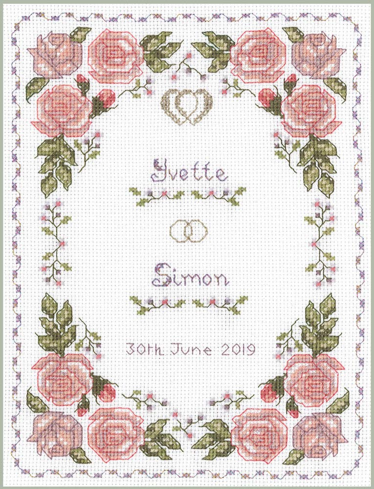 Lifetime Samplers & Decorative Textiles Roses Dusky Pink Wedding Sampler - Complete Cross Stitch kit on 14 aida with Clear Colour Chart