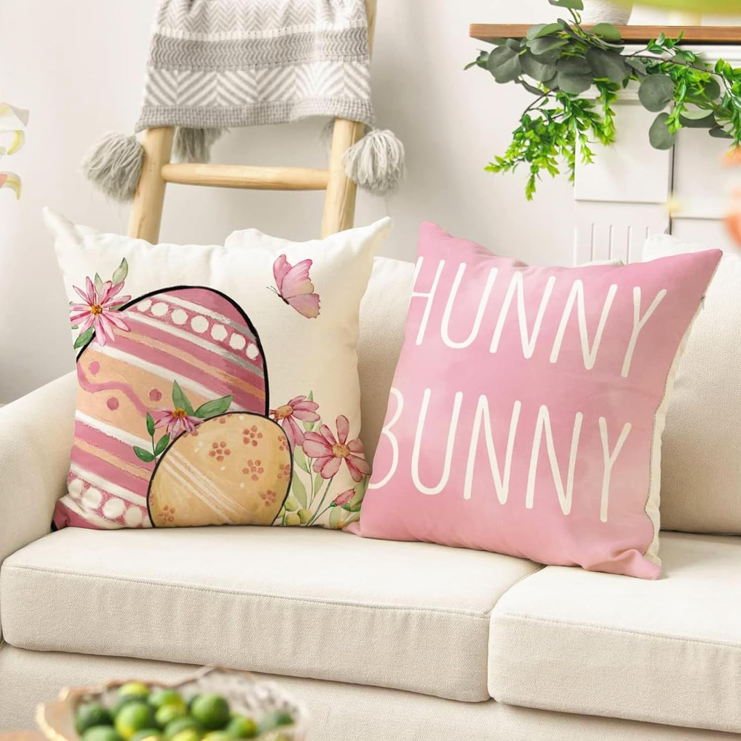 JOYFISCO Easter Pillow Covers 18 x 18 Happy Easter Hunny Bunny Pink Throw Pillow Covers Easter Eggs Bunny Spring Velvet Cushion Case for Sofa Couch Set of 4