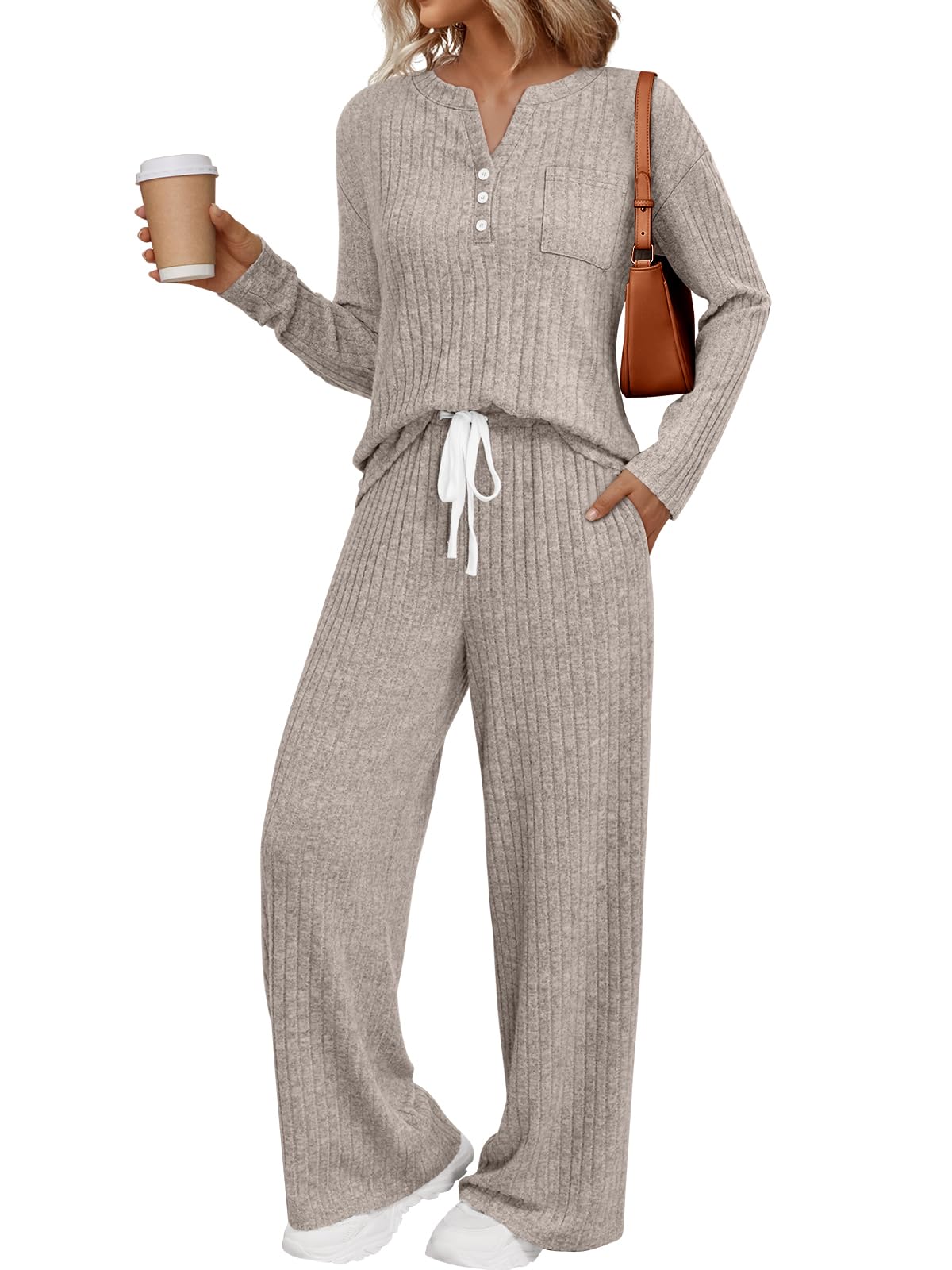 LILLUSORY Women's 2 Piece Matching Lounge Sets 2026 Trendy Fall Outfits | Long Sleeve Henley Top & Drawstring Wide Leg Pant with Pockets, Comfort Cozy, Travel Airport Vacation Cruise Sweat Suit