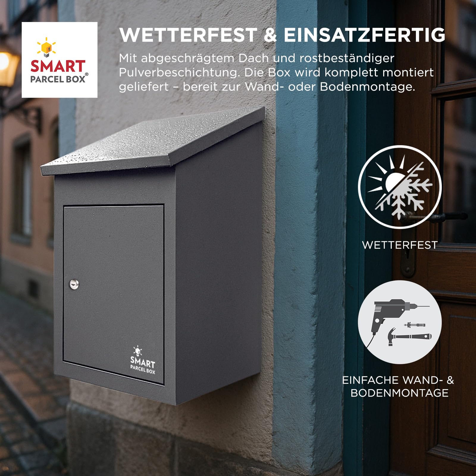 Smart Parcel Box Paketbox M - Paketbriefkasten wetterfest, grau | Postbox für Pakete outdoor, Paketbox draußen, Wandmontage, Front-Entnahme, verzinkter Stahl, rostfrei, pulverbeschichtet