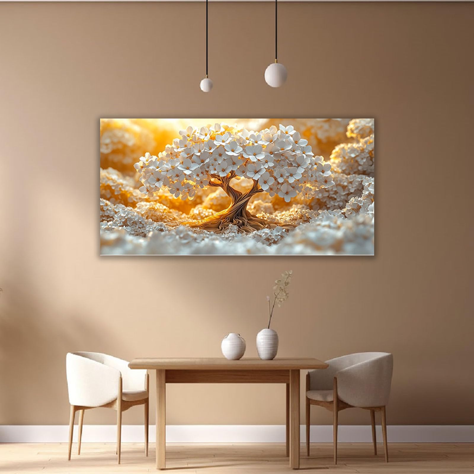 TERUEA Cuadros Decorativos Modernos Floral Brillante Árbol Blanco Nube Dorada Cielo Cuadros Decoracion Salon yoga femenino flor salud Lienzos decorativos（Gold-40x80cm1 Sin marco