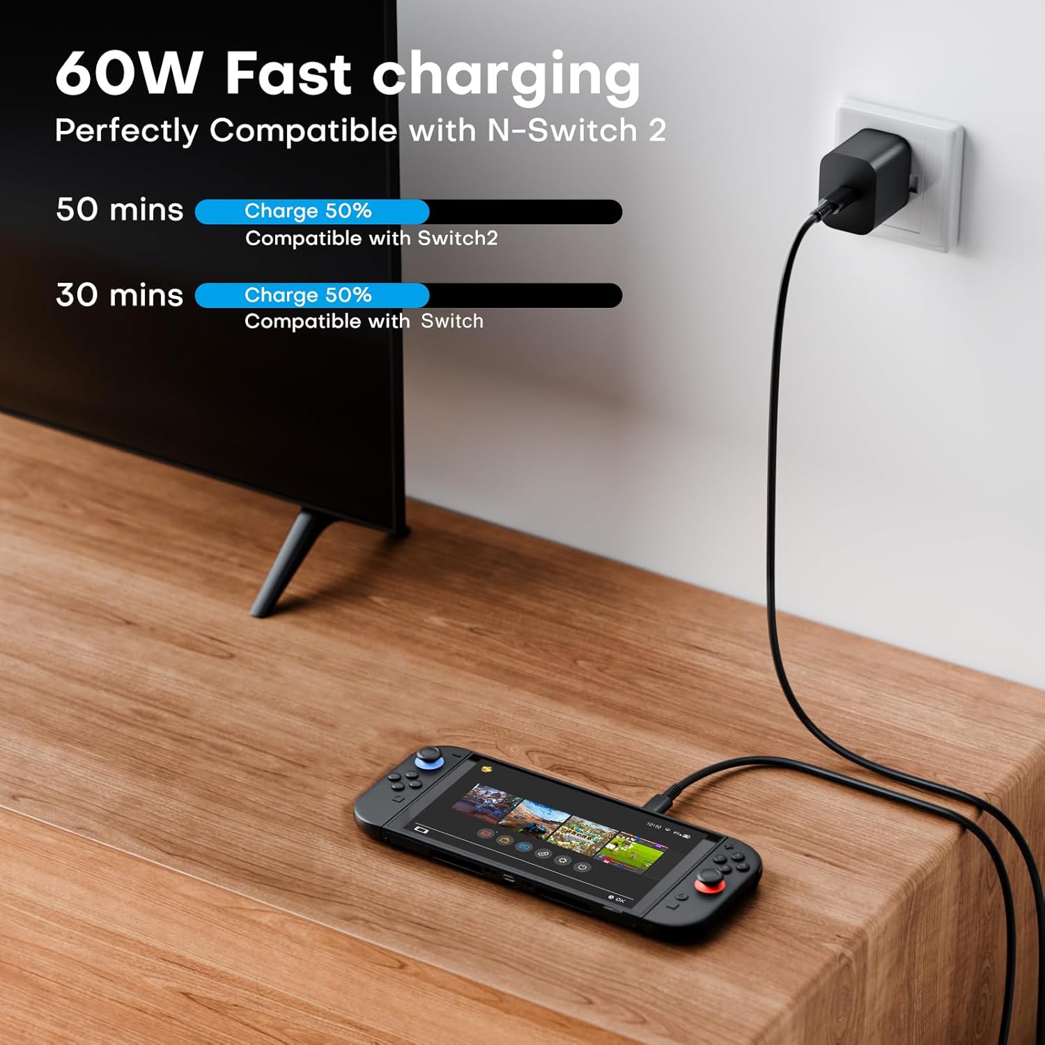 for Switch 2 Fast Charger,60W AC Adapter Power Supply for Switch2/OLED/Lite/Switch Dock/Pro Controller,Support TV Mode,with 1.8M USB Type-C Cable(Black) - Image 2