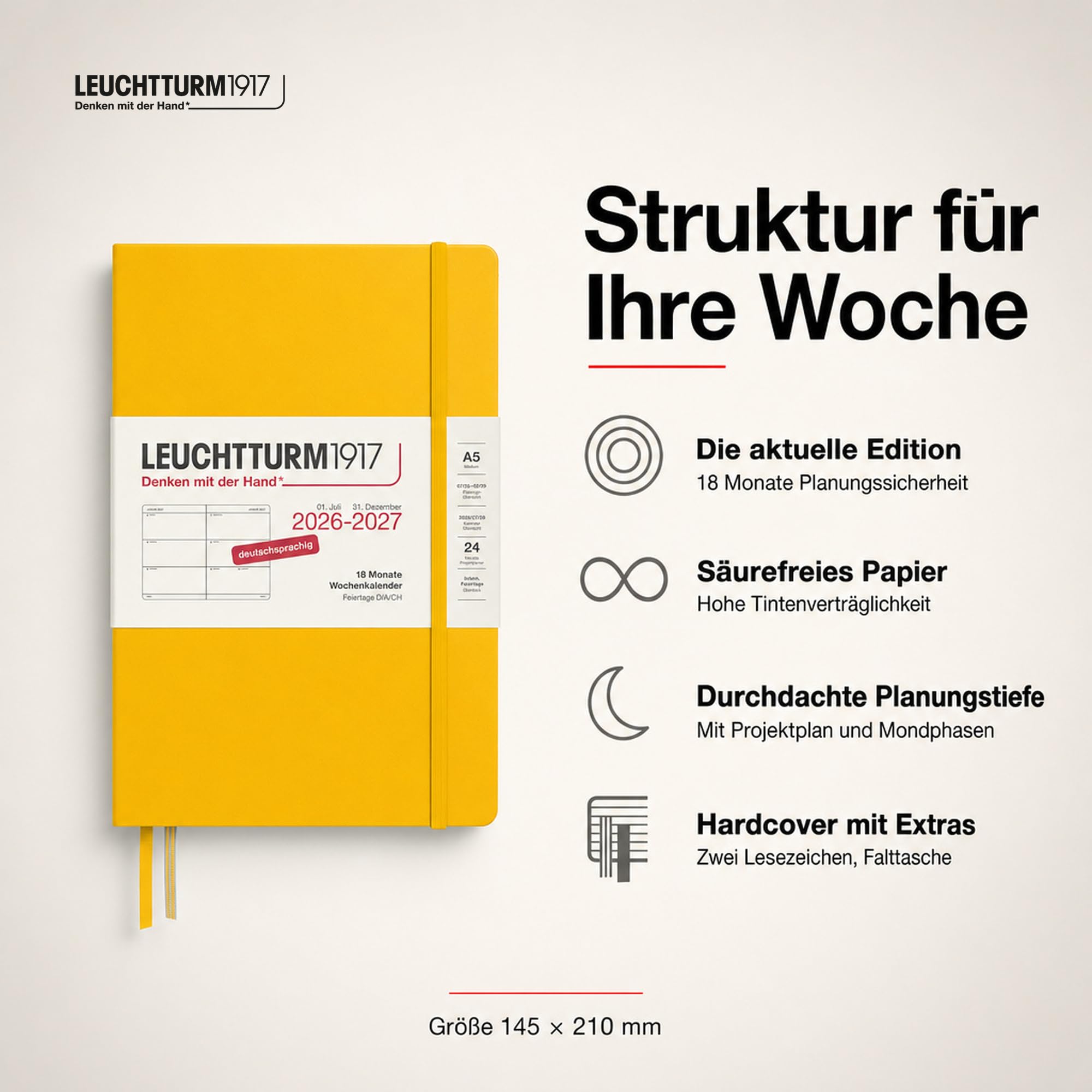 LEUCHTTURM1917 Kalendarz tygodniowy na rok 2027 średni (A5) – niemiecki, Sunflower, twarda okładka, 145 x 210 mm, 18 miesięcy - 07. 2026-12.2027, 1 tydzień na podwójnej stronie, papier 80 g/m² o