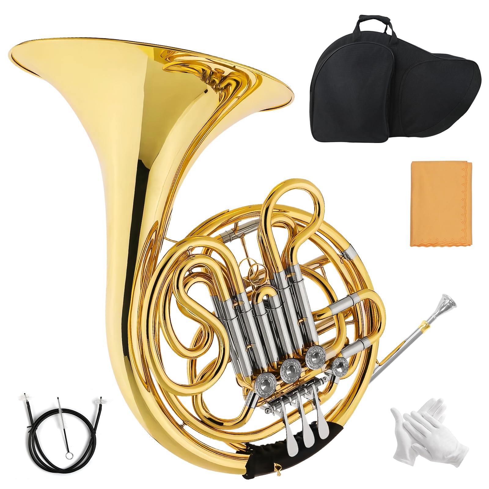 Double French horn, French horn, 4-button F/B tuning, select brass, one-piece French horn design, comes with backpack, gloves, cleaning cloth, and cleaning tool kit(gold, all-in-one)