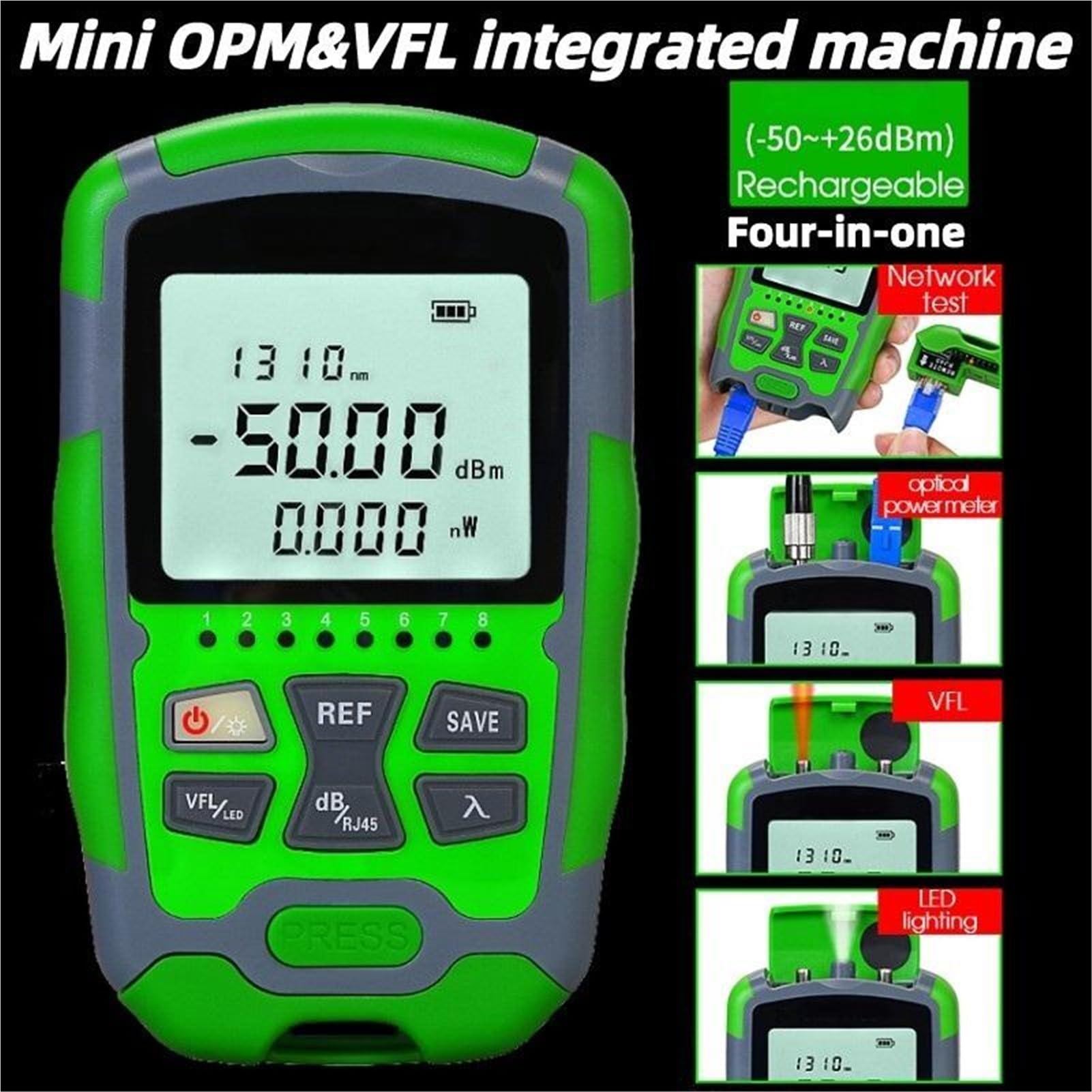 Medidor de potencia óptica recargable -50~+26 dBm, 4 en 1, multifunción, comprobador cable fibra OPM VFL MW con FC (macho) a LC (hembra) para prueba