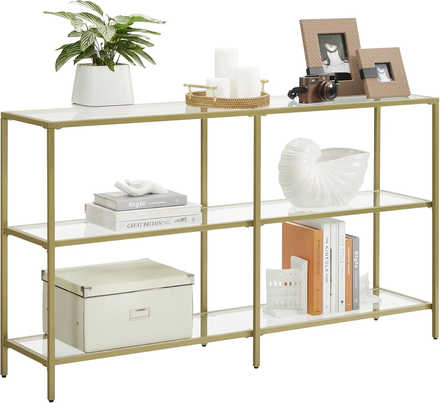 VASAGLE 51.2 Inch Console Table with 3 Shelves, Sofa Tables, Modern Entryway Table, Metal Frame, Tempered Glass Shelf, Entryway Living Room Bedroom, Metallic Gold and Transparent ULGT024A01