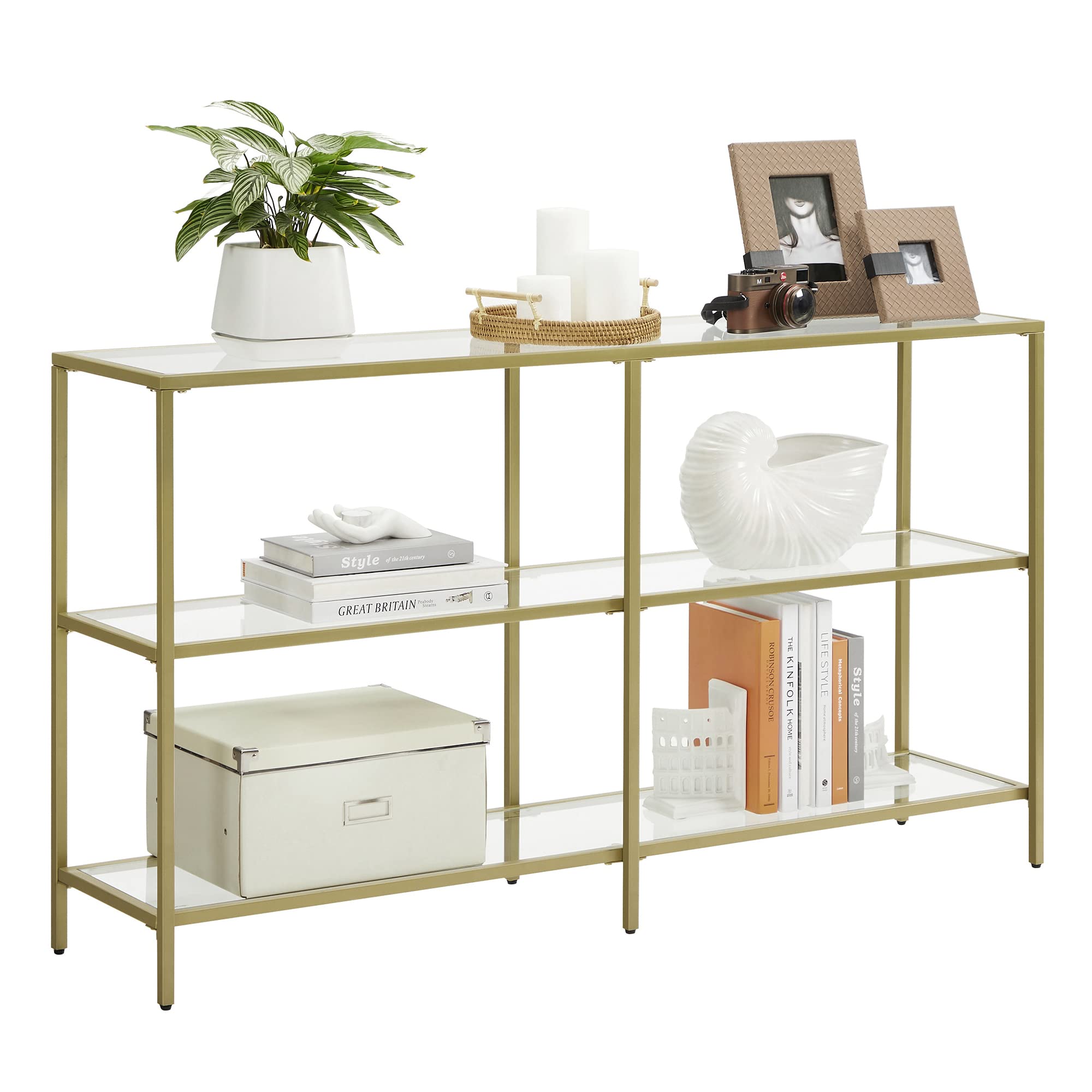 VASAGLE Console Sofa Table with 3 Shelves, 51.2 x 11.8 x 28.7 Inches, Metal Frame, Tempered Glass Shelf, Modern Style, for Entryway Living Room Bedroom, Gold Color ULGT024A01