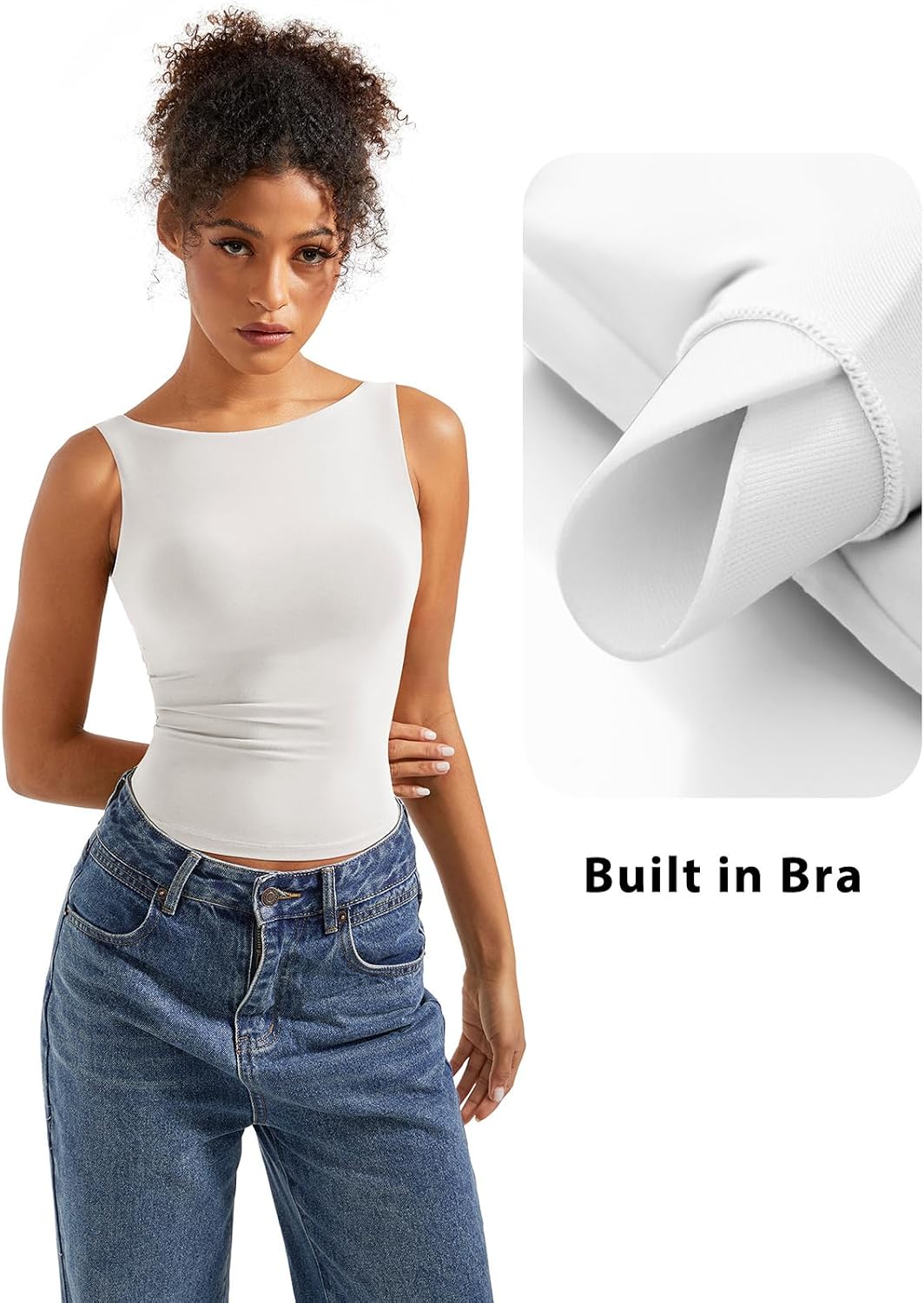 Women Padded Open Back Boat Neck Tank Tops Double Lined Basic Shirts image 3