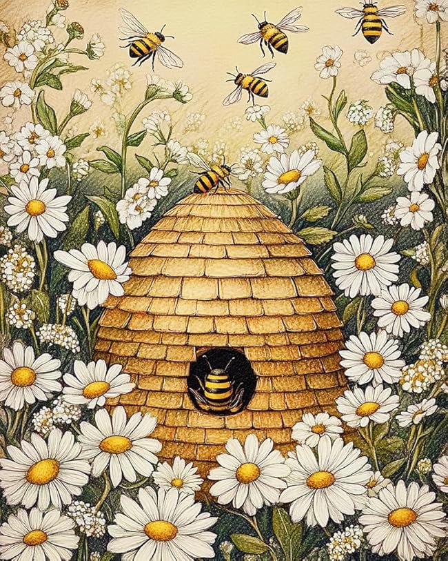 The Hard-working Bee Paint by Numbers Kits for Adults Beginners Beehive in a Daisy Bush Painting by Number Vibrant Landscape Painting on Canvas Easy to Paint for Home Decor Without Frame(16x20inch)