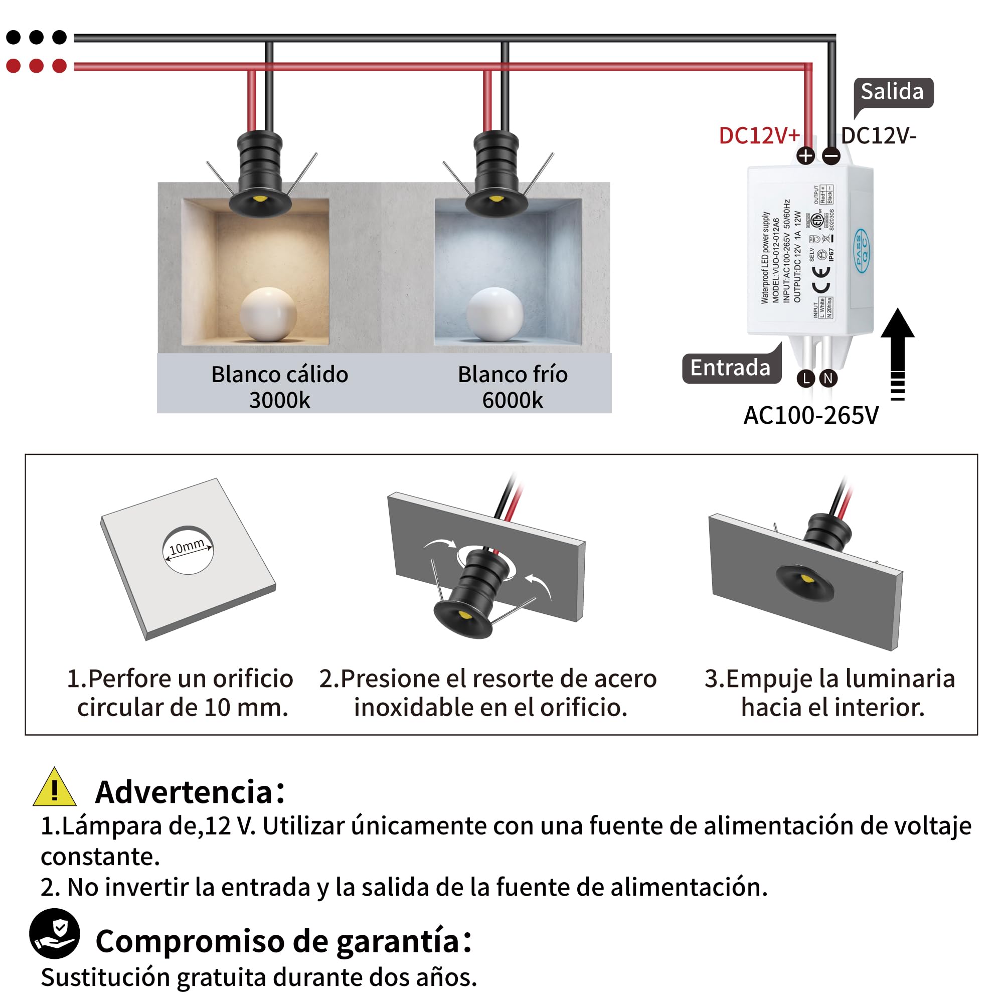 10 uds Mini Foco LED 12V 0.5W, IP65 Impermeable Spotlight Downlight Embutir Pequeño Empotrable, 10mm Micro Spot Light Para Vitrinas Pasillos Iluminación Cuadros Nicho Techo (Negro Blanco Cálido, 120°)