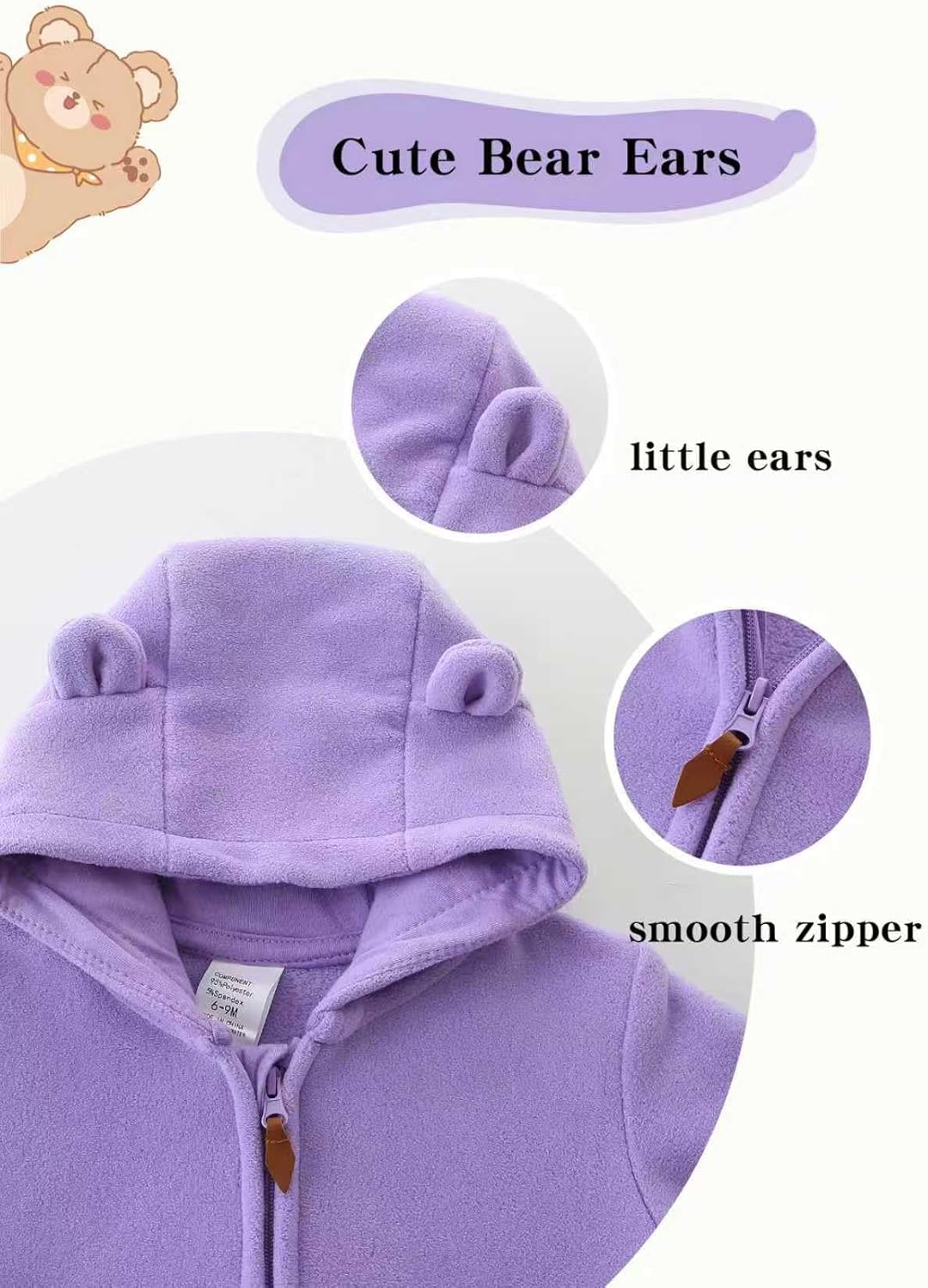 Newborn Baby Bear Onesie Winter Snowsuit With Fold-over Mittens & Footies Zip Up Baby Fleece Jumpsuit 0-18M - Image 3