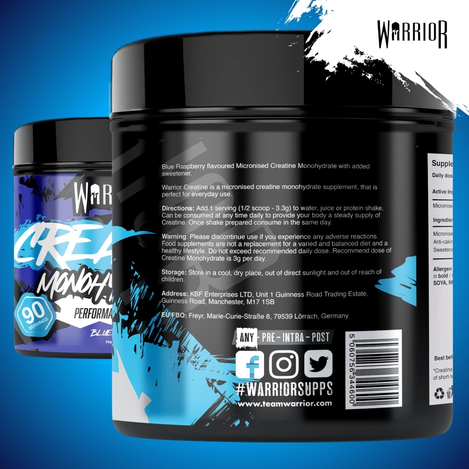 Warrior Creatin Monohydrat Pulver 300 g, Kreatin Vegan – Blaue Himbeere 3 g pro Portion, 90 Portionen, mikronisiert, angenehmer Geschmack… – Ansicht 3
