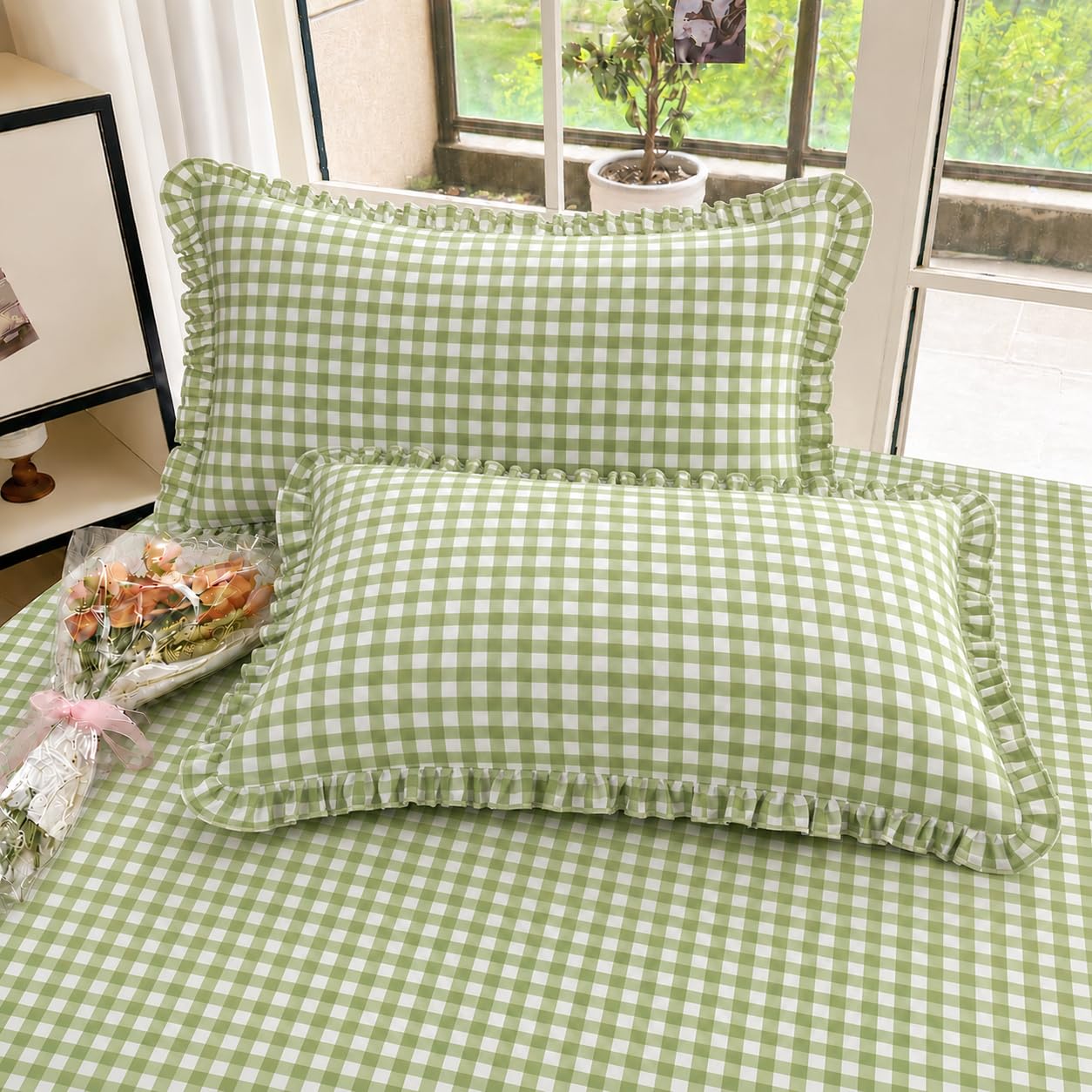 VOMZER King Size (72x78) 300 TC Soft Cotton Feel Microfiber All Around Elastic Fitted Double Bedsheet with 2 Frill Pillow Covers | Sage Green-image-6