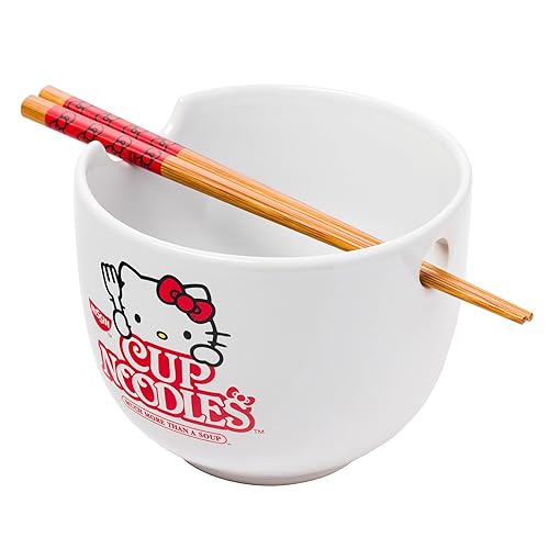 Silver Buffalo Sanrio Hello Kitty Cup Noodles Nissin Ceramic Ramen Noodle Rice Bowl with Chopsticks, Microwave Safe, 20 Ounces - Hello Kitty - 20 Ounces