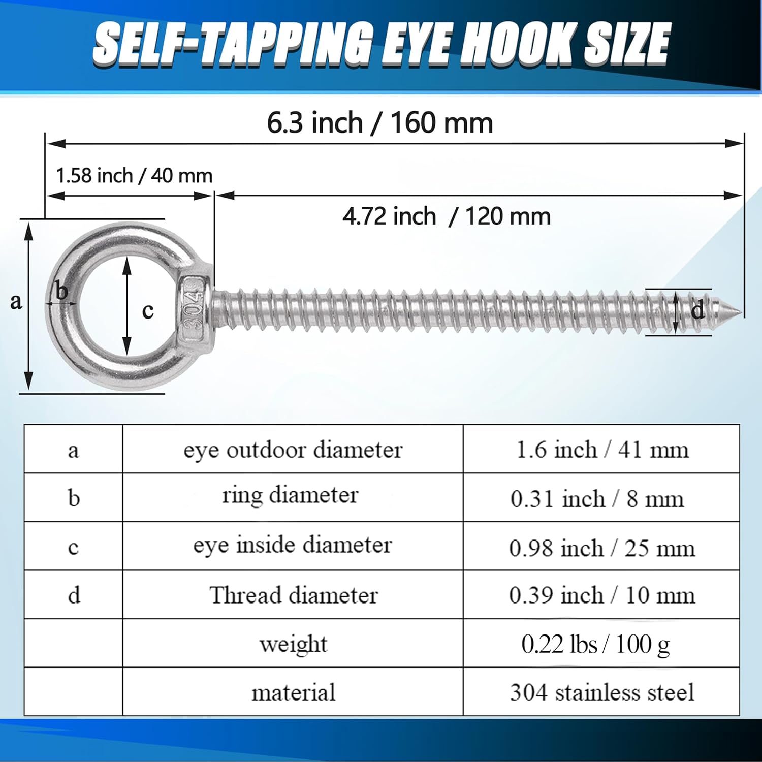 OHIYO 6.3 Inch Heavy Duty Eye Hooks M10 Self Tapping Eyelet Screw Load Capacity 850LBS Heavy Duty Screw in Eye Hooks for Hammock Stand, Swing Chair, Yoga, Heavy Indoor & Outdoor Uses (4Pack- M10) - Image 2