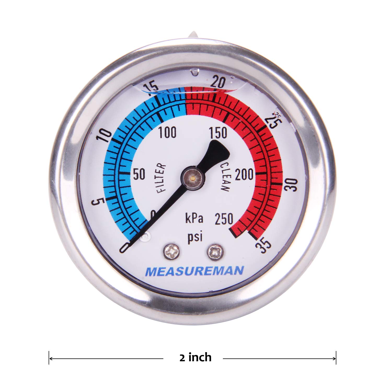 MEASUREMAN 2" Dial Size, Liquid Filled Pool Filter Pressure Gauge, 304 Stainless Steel Case, 0-35psi/250kpa,1/4" NPT Center Back Mount