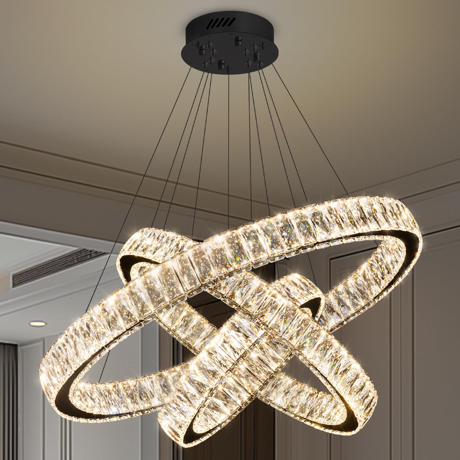 Modern 3 Rings Crystal Chandelier,Black Led Dimmable Chandelier for Dining Room Height Adjustable Pendant Light 32"+24"+16"