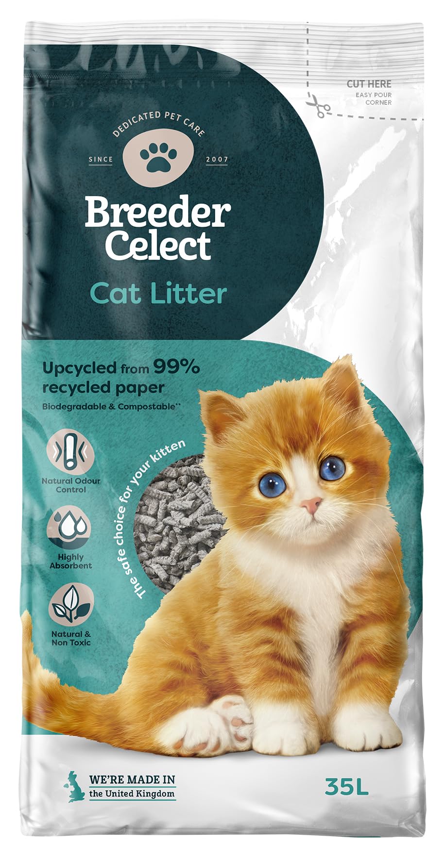 Breeder Celect All-Natural Cat Litter (35L) – 99% Recycled Paper, Highly Absorbent Kitten Cat Litter/Bedding, Excellent Odour Control, Non-Clumping, Biodegradable & Compostable