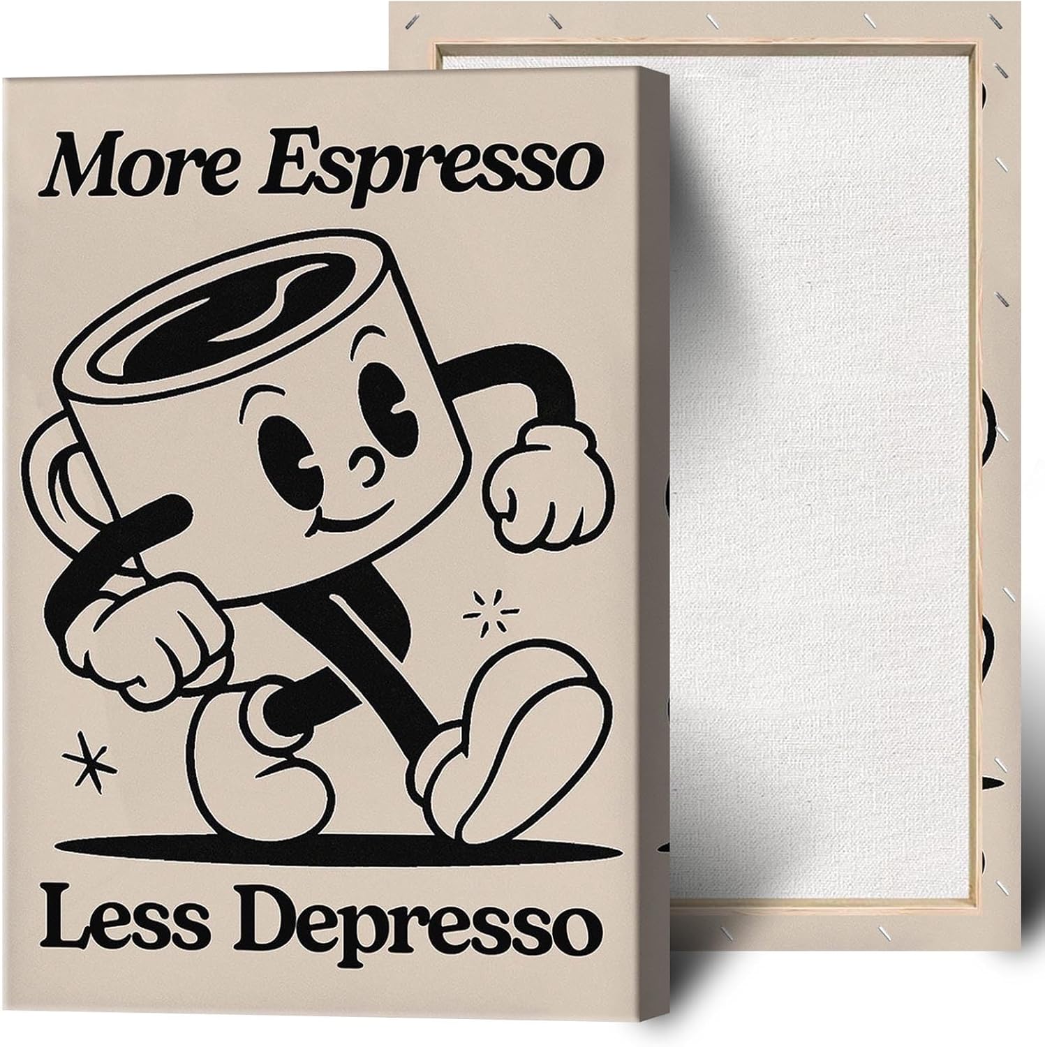 Retro Black Coffee Cup Drinks Wall Art Espresso Less Depresso Quotes Canvas Posters Cute Coffee Bar Prints Painting For Office Bedroom Living Room Wall Decor 8x12in Framed