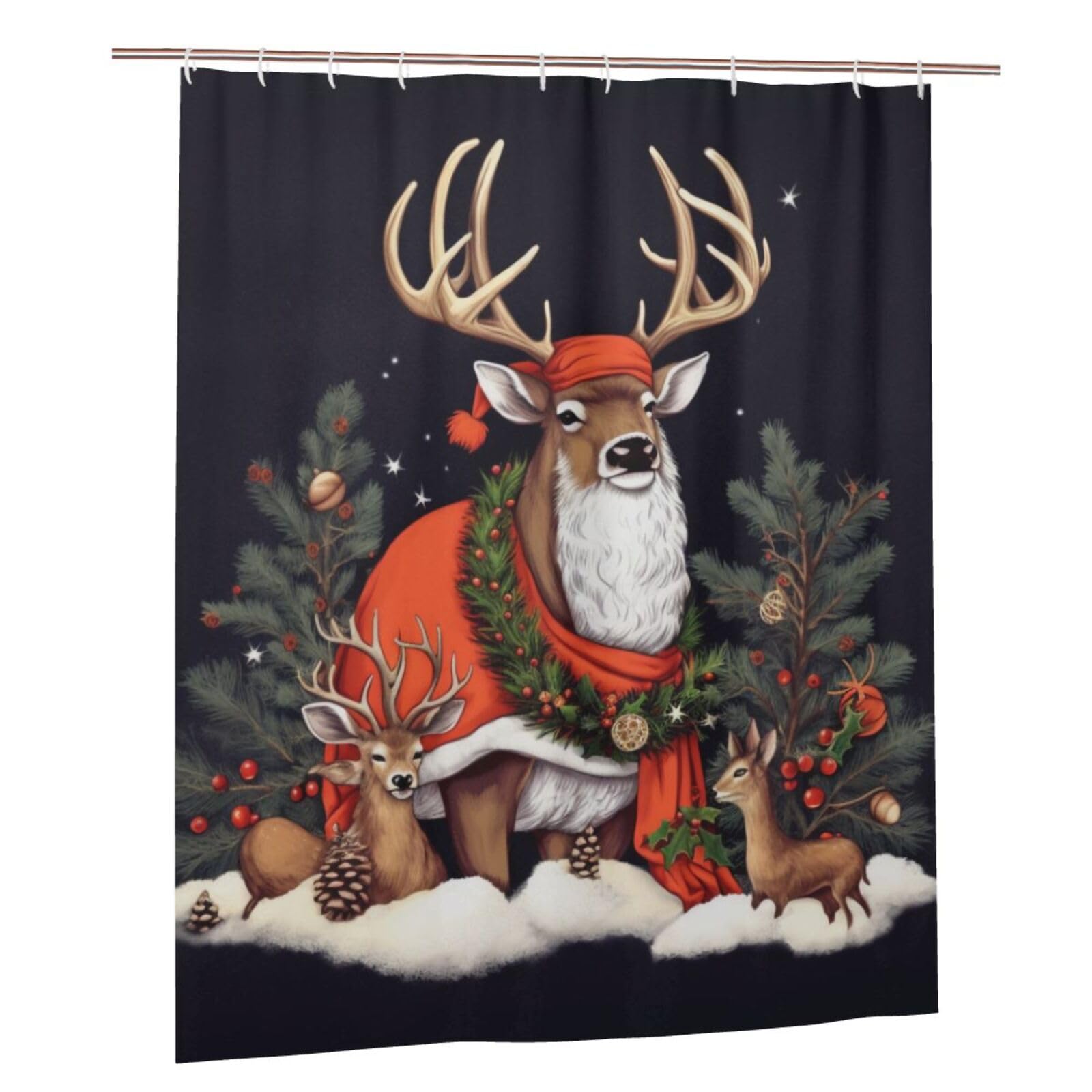 BWWHCCTI Christmas Deer Printed Shower Curtain With 12 Plastic Hooks Opaque Quick Drying Waterproof Shower Curtains Sets For Bathroom 152x183 Cm