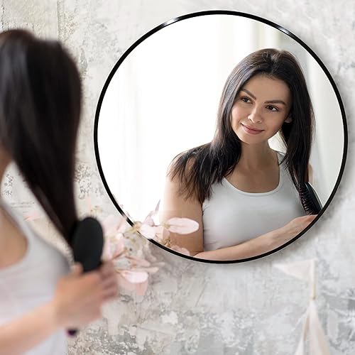 Miniatura 2 de Espejo redondo de baño negro de 36 pulgadas, espejo circular grande montado en la pared con marco de metal negro mate cepillado para tocador de