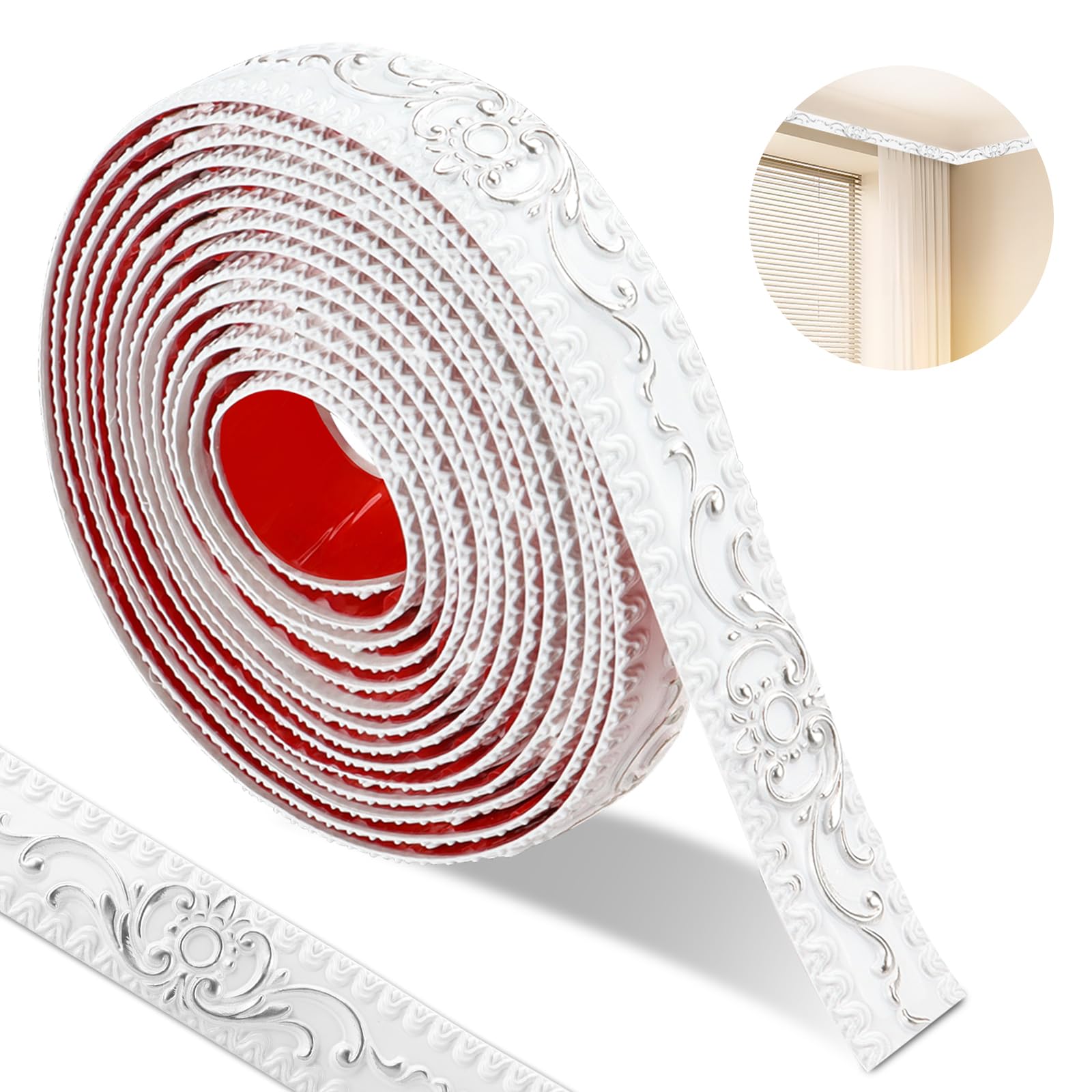 Ztowoto Silver 600*3.6Cm Wallpaper Borders Self-Adhesive,3D Vintage Pattern Coving For Ceilings, Flexible Moulding Trim Waterproof, Peel And Stick Wall Border For Mirror Frame， Home Decoration（White- Pattern）