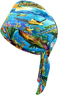 Working Caps with Button, Adjustable Sweatband Scrub Cap Tie Back Sea Turtle Working Hats for Women Men