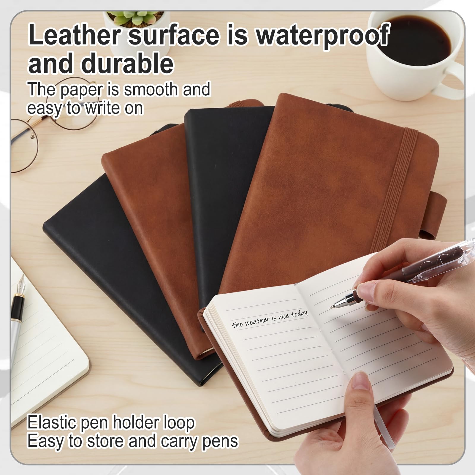 16 Pack Pocket Notebooks with Matching Pens, 3" x 4.4" Faux Leather Hardcover Journals Bulk, 192 Pages, Elastic Strap, Vintage Coffee & Black for Office, Meetings & Travel, A7