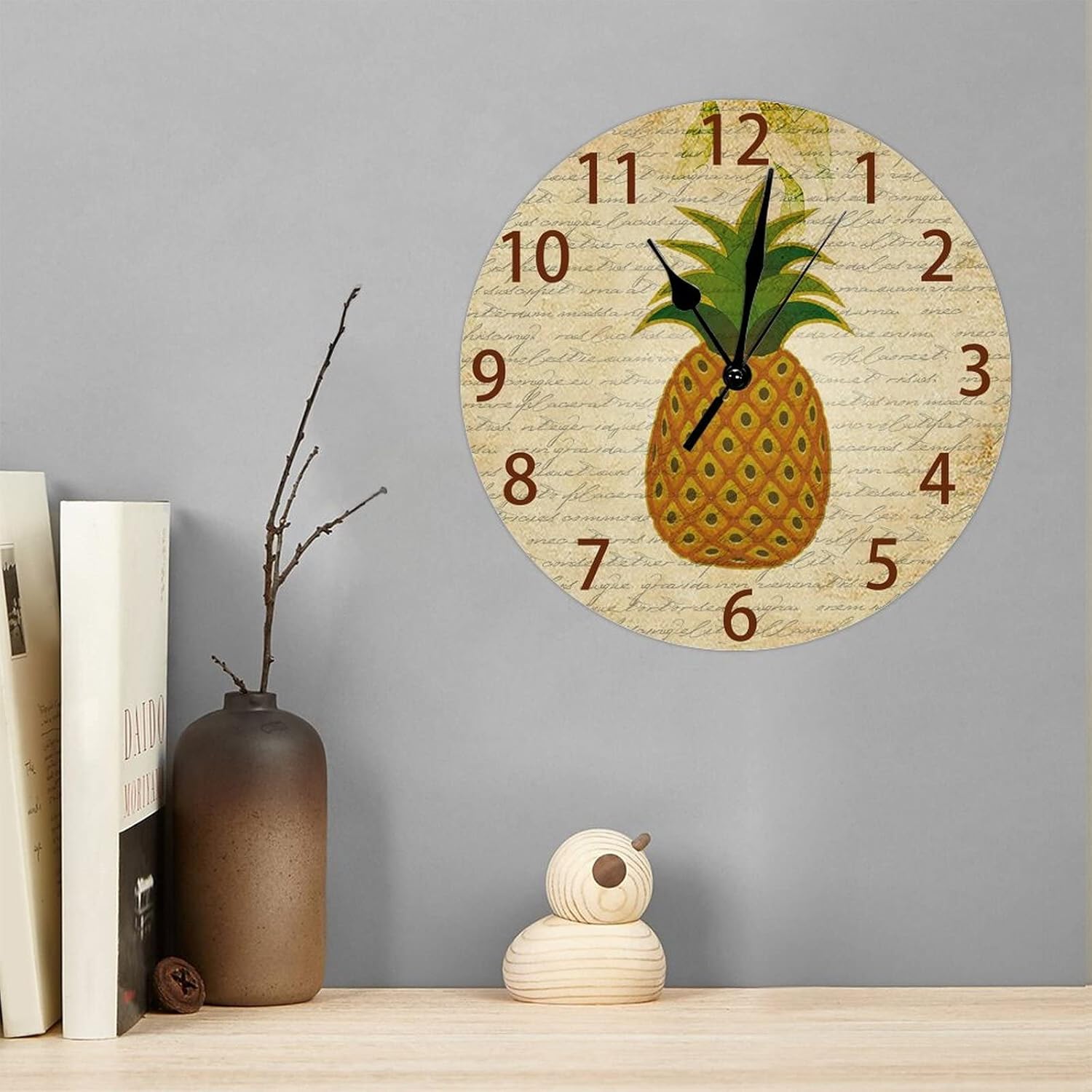 Rustic Pineapple Clock Non Ticking Operated Round Easy to Read Home Office School Silent Clock Round Wooden Fruit Wall Clock for Bathroom Kitchen Bedroom Living Room Patio 15 Inch