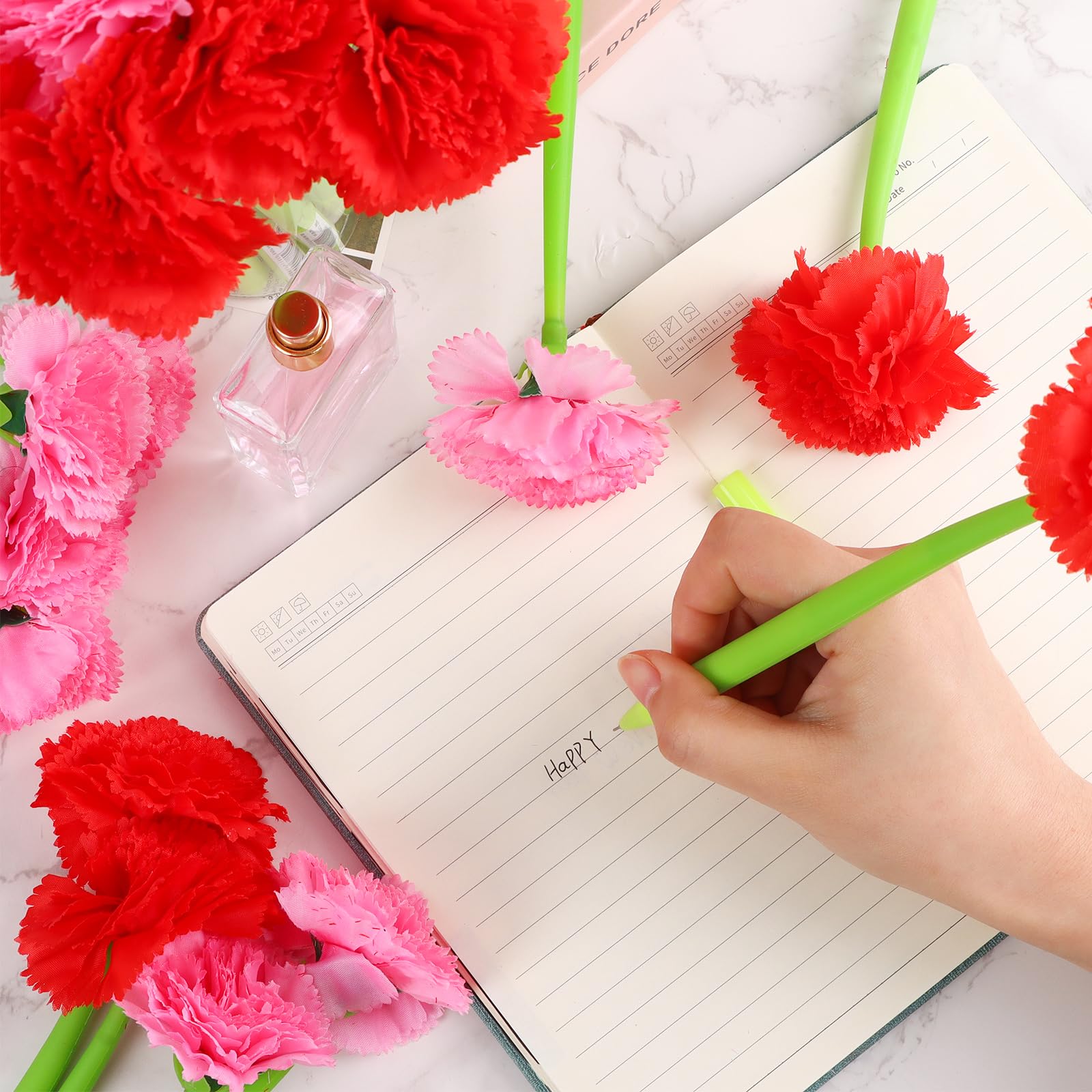 28 bolígrafos de flores artificiales con forma de clavel, bolígrafos de tinta de gel negra de 0.5 mm, bolígrafos de tinta de gel para el día de San Valentín, bolígrafos de tinta de gel para niñas y