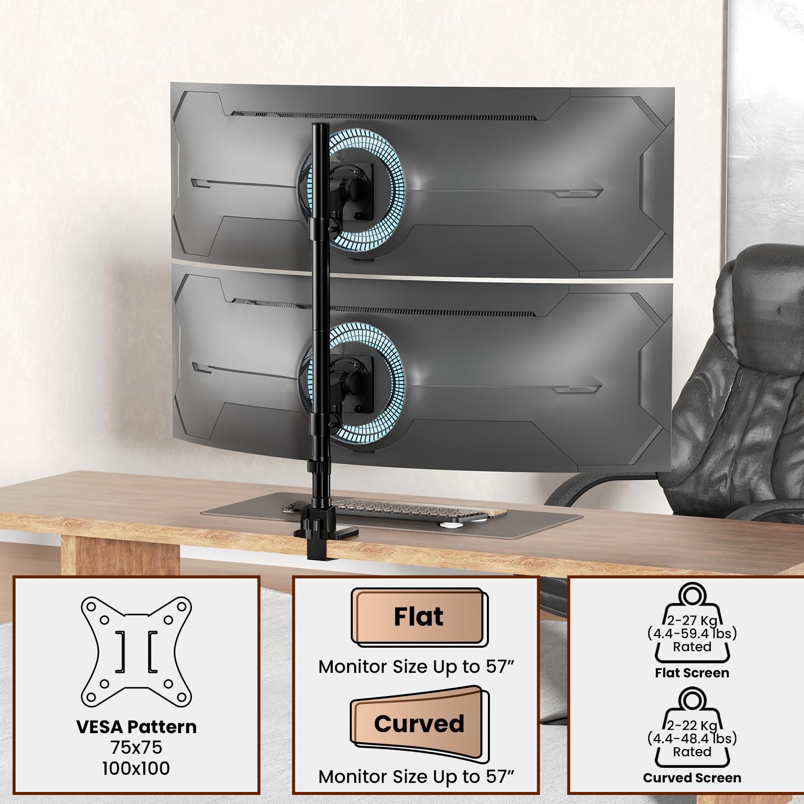 Supporto Doppio Monitor Verticale, Braccio Monitor Verticale Doppio Adatto a Due Schermi da 24 a 57 Pollici, Girevole, Inclinabile, Regolabile in Altezza