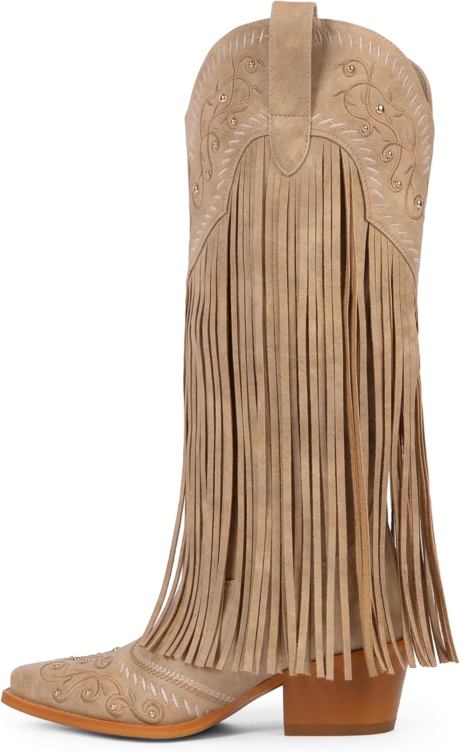 Modatope Cowboy Boots for Women Fringe Knee High Boots Embroidered Cowgirl Western Pointed Toe Chunky Heel Slip on Wide Calf Cowboy Boots - Image 4