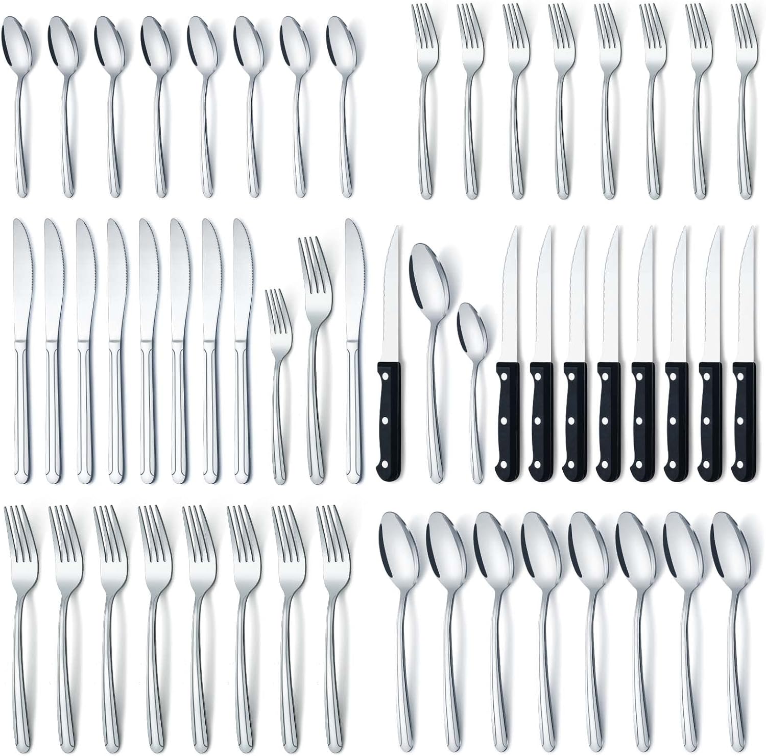 BEWOS 48 Pieces Cutlery Set for 8, Silverware Sets with Steak Knives