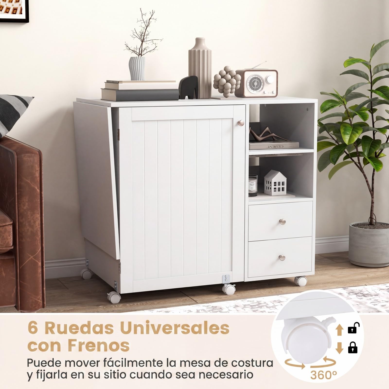 COSTWAY Mesa de Costura Plegable con Estación de Carga y Ruedas, para Hogar