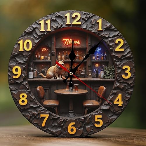 Decorative Wall Clocks Battery Operated 10 Inch - Modern Wooden Vintage Brown Bar Cat 2D Print Non Ticking Silent Wall Clocks for Living Room