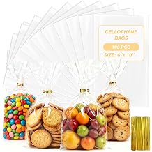 Qcdou 100pcs Cellophane Bags, 15x25cm Food Safe Sweet Bags, Clear Cookie Bag with Twist Ties, Gifts Packaging, for Sweet Chocolates Biscuit Candy party favors