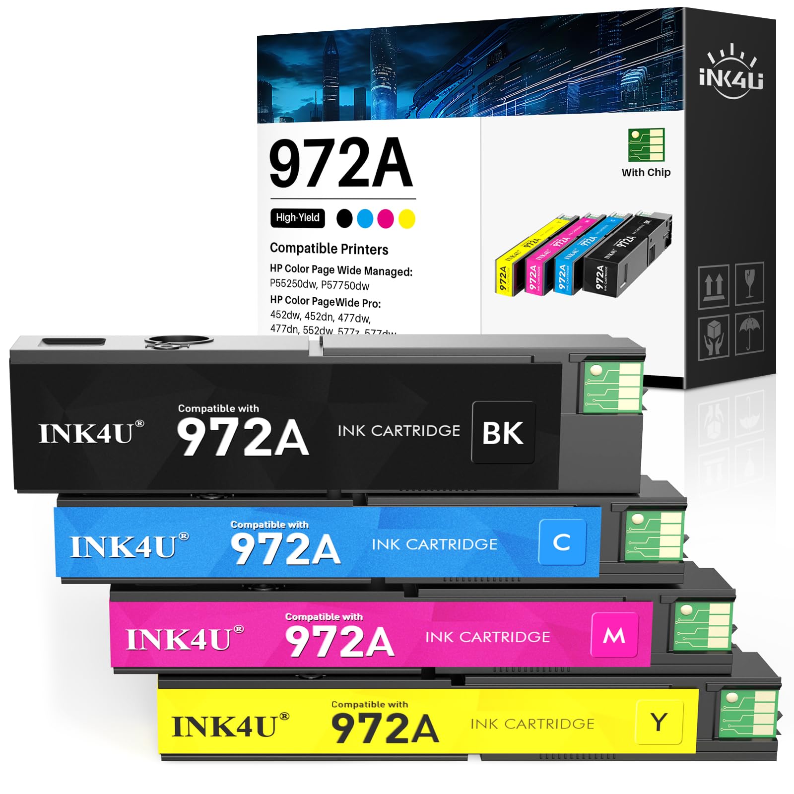 Photo 1 of 972A Ink Cartridges Compatible Replacement for HP 972A 972X Ink to Work for Color PageWide Pro MFP 477dw Ink Cartridges 477dn 577dw 452dw 452dn 577z 552dw P55250dw Printer (4 Pack, B/C/M/Y)