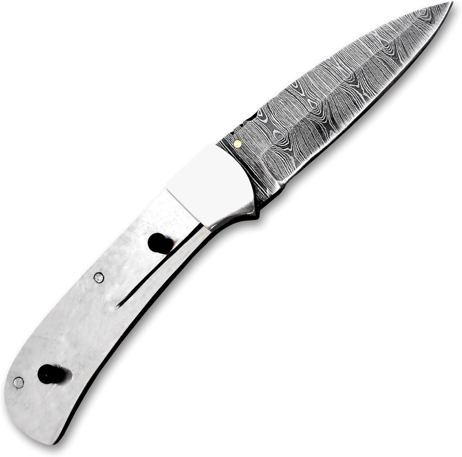 Damascus Steel Knife Blank Blade Pocket Folding Blade, Knife Making Kit, Walnut Scale, Leather sheath, Screws, Fiber Sheets, Edge Sharpner, Mossaic Pin, Kives for Camping, Bushcraft, Hiking, Outdoor (FKK-01)