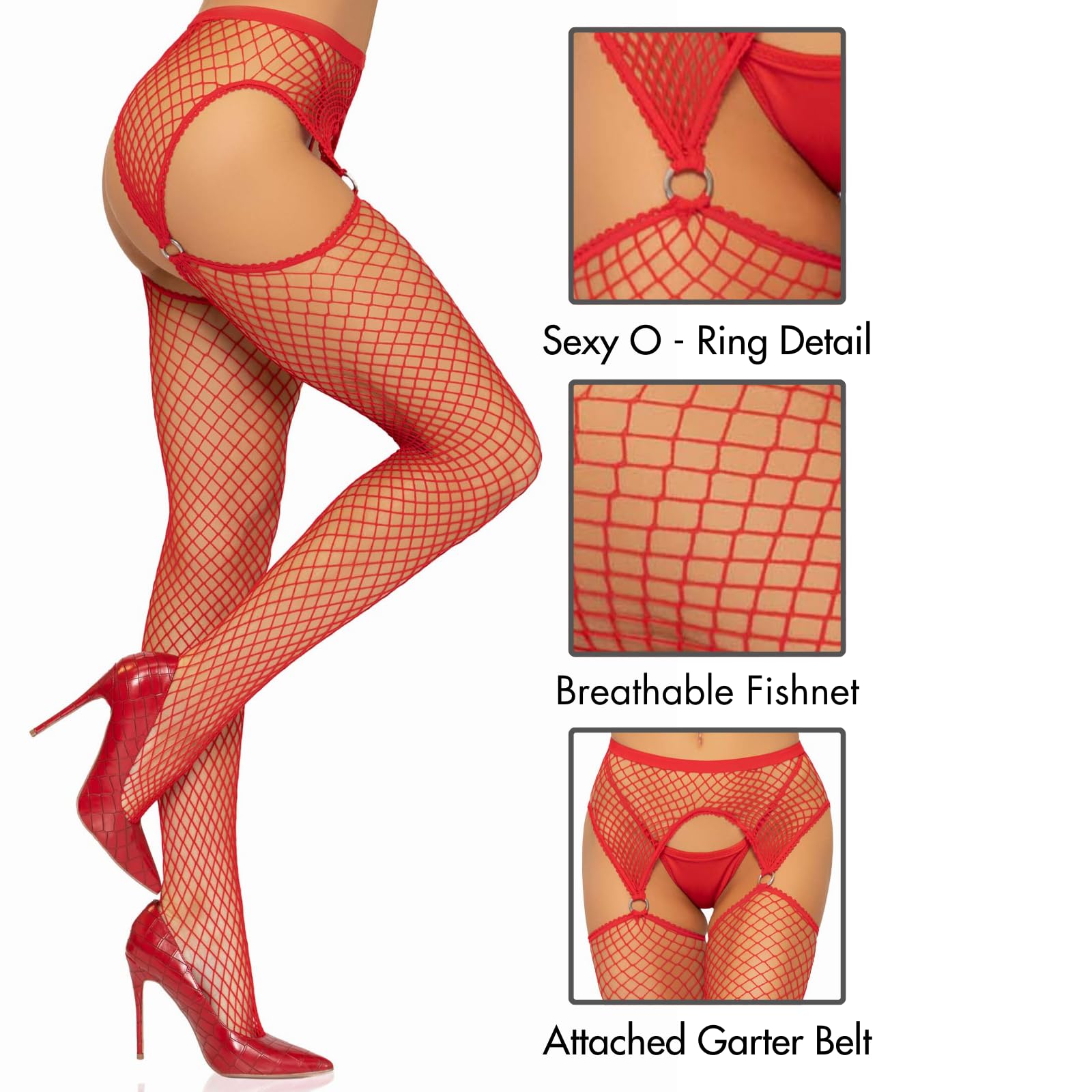 Leg Avenue Women's Fishnet Stockings With Attached Garter Belt: One Size Red