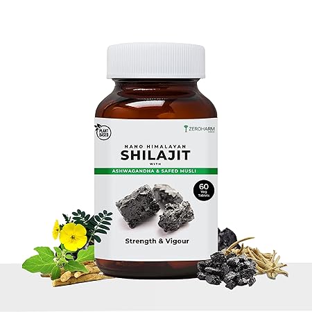 ZEROHARM Nano Himalayan Shilajit With Ashwagandha, Safed Musli & Goksura 60 Veg Capsules, Testo Enhancer For Men & Women Strength, Energy Booster, Stamina, Vigour, Endurance & Performance supplements