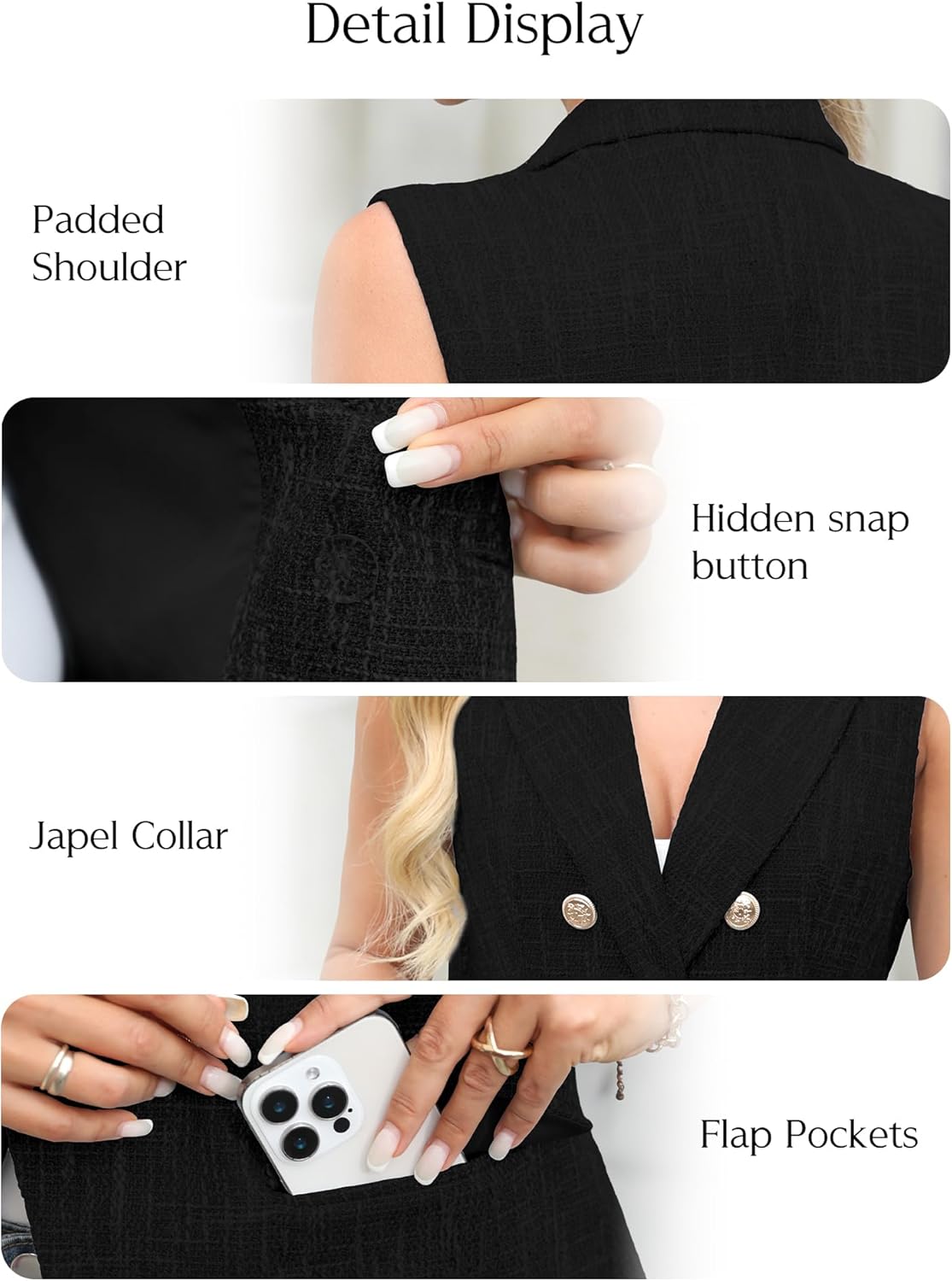 ELLEVEN Women’s Tweed Long Vest, Sleeveless Double-Breasted Blazer Trendy Tops Coat with Pockets - Image 5